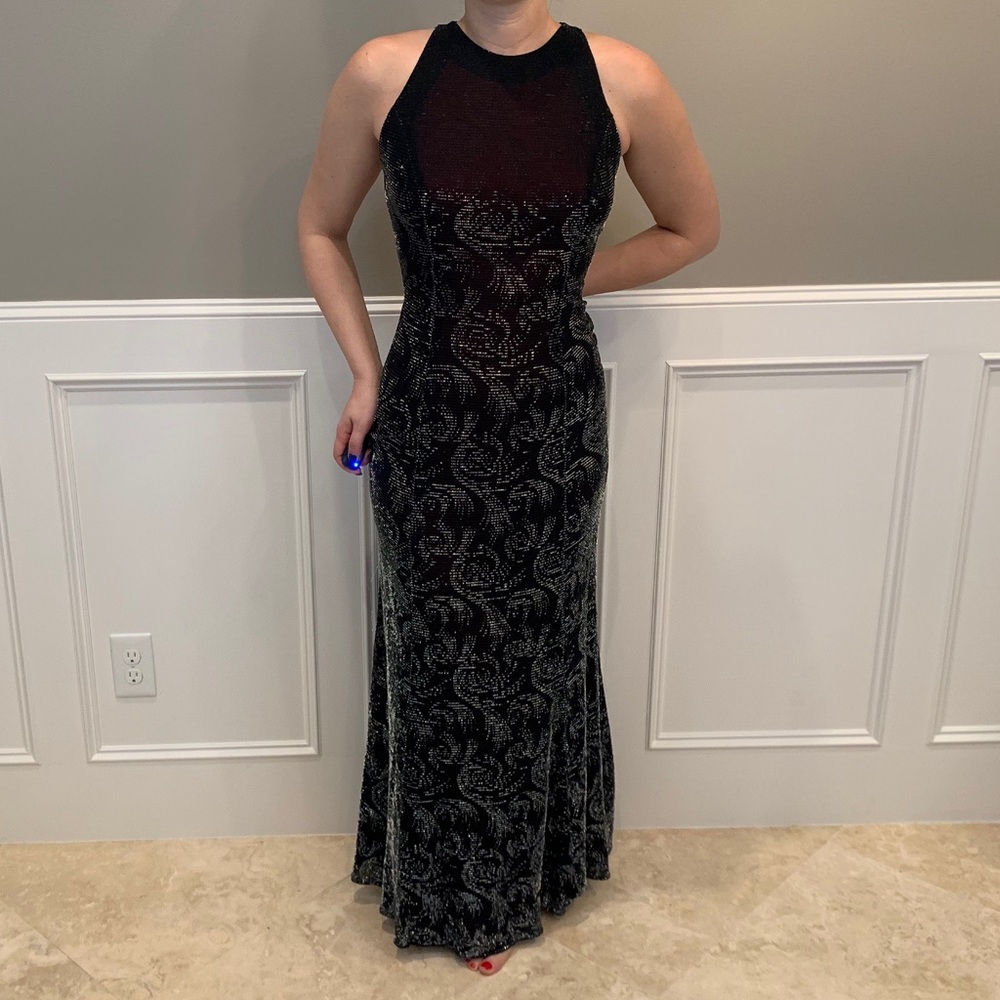 Unique Black Silver Red evening, Prom Formal Gown
